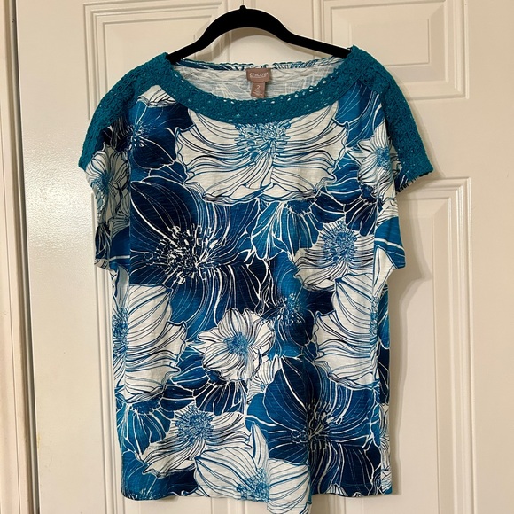 Chico's Tops - Chico's Size 2 Exploded Garden Lace-Trim Dolman Top in
Cozumel Blue, NWT